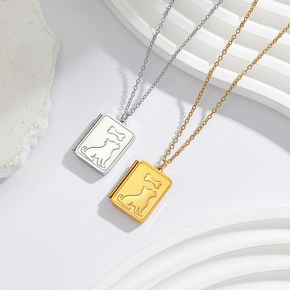 304 Stainless Steel Rectangle with Dog Magnetic Photo Locket Pendant Necklaces for Women