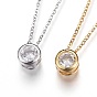 304 Stainless Steel Pendant Necklaces, with Cubic Zirconia, Flat Round
