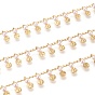 Handmade Brass Curb Chains, with Brass & Glass Charms and Spool, Soldered, Long-Lasting Plated, Textured, Flat Round & Round