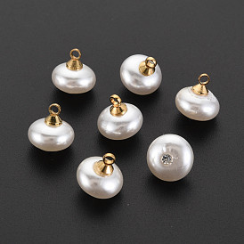 ABS Plastic Imitation Pearl Charms, with Golden Plated Brass Loop and Crystal Rhinestone, Flat Round