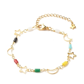 Brass Moon & Star Link Chain Bracelet with Glass Beads for Women