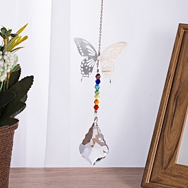 Crystals Chandelier Suncatchers Prisms Chakra Hanging Pendant, with Iron Cable Chains, Glass Beads and Brass Pendants, Butterfly with Teardrop