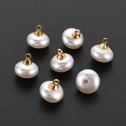 ABS Plastic Imitation Pearl Charms, with Golden Plated Brass Loop and Crystal Rhinestone, Flat Round