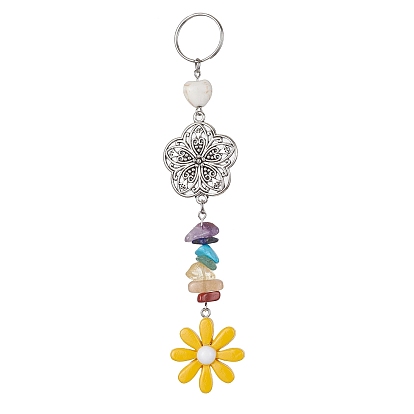Flower Resin Keychains, with Chakra Gemstone Chip and 304 Stainless Steel Split Key Rings and Tibetan Style Alloy Links