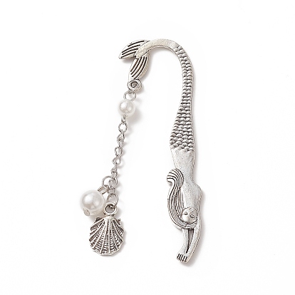 ABS Plastic Imitation Pearl Round Bead Bookmarks, Tibetan Style Alloy Mermaid Bookmark, Pendant Book Marker, Starfish/Sea Turtle/Coconut Tree/Shell Shape