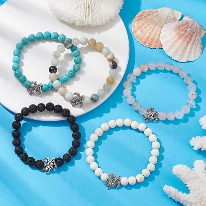Natural & Synthetic Mixed Gemstone Stretch Bracelets for Women, with Tibetan Style Alloy Tortoise