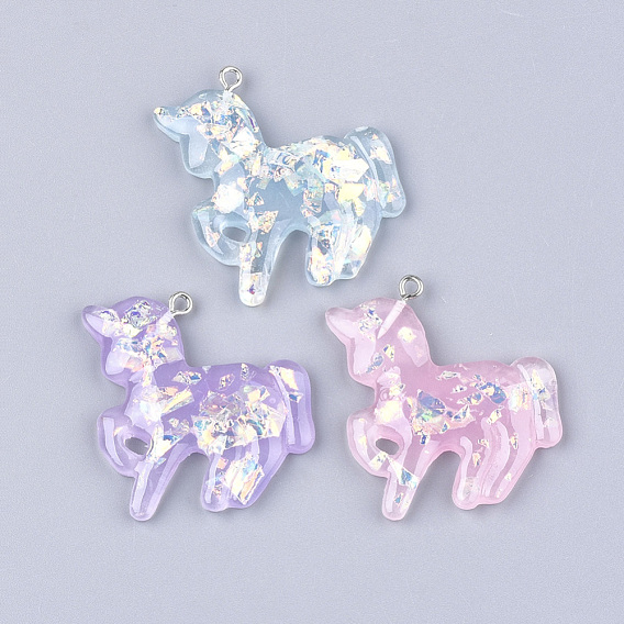 Подвески из смолы, с раковинами и железными находками, единорог, платина