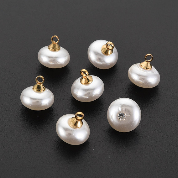 ABS Plastic Imitation Pearl Charms, with Golden Plated Brass Loop and Crystal Rhinestone, Flat Round