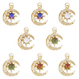 8Pcs 4 Colors Brass Micro Pave Clear Cubic Zirconia Glass Pendants, with Jump Ring, Long-Lasting Plated, Moon, Cadmium Free & Lead Free