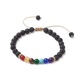 Adjustable Chakra 6mm Round Natural Dyed Malaysia Jade & Tiger Eye & Lava Rock, Synthetic Citrine & Turquoise Braided Bead Bracelets for Women Men