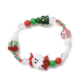 Lampwork & Natural Quartz Crystal & Acrylic Stretch Bracelet, Santa Claus & Gift & Tree Christmas Bracelet for Women