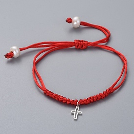 Bracelets de perles tressées réglables, avec des fils de nylon, perles naturelles d'eau douce et breloques en argent sterling 925, des boîtes en carton, croix