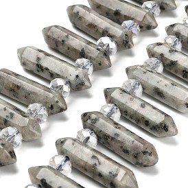 Natural Sesame Jasper Double Terminated Point Beads Strands, with Glass Beads, Faceted Bullet, Top Drilled