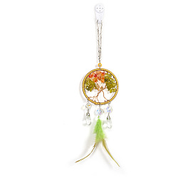 Natural Gemstone Chips Tree of Life Pendant Decorations, with Iron Finding and Feather, for Car Rearview Mirror Hanging Ornaments