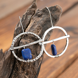 Beating and plating 925 large silver hoop earrings retro handmade silk-wound natural lapis lazuli earrings