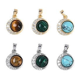 Brass Cubic Zirconia Pendants, with Gemstone, Flat Round Charms