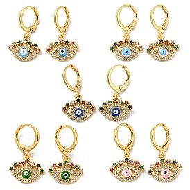 Evil Eye Real 18K Gold Plated Brass Dangle Leverback Earrings, with Enamel and Cubic Zirconia