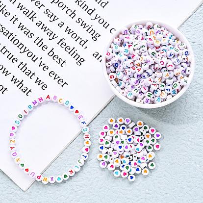 1000Pcs Opaque Acrylic Beads, with 1roll Clear Elastic Crystal Thread, for DIY Children's Day Themed Bracelets Making Kits, Flat Round with Letter & Heart
