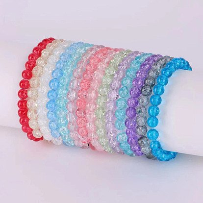 Colorful Glass Bead Elastic Bracelet with 8mm Cracked Pattern for Women and Men