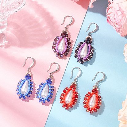 Серьги-подвески из искусственного акрилового жемчуга и стекла, с  латунными крючками для серег, слеза, платина