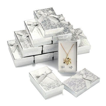 Rectangle Cardboard Jewelry Set Boxes, 2 Slots, with Bowknot Outside and Sponge Inside, for Rings and Earrings, 83x53x27mm