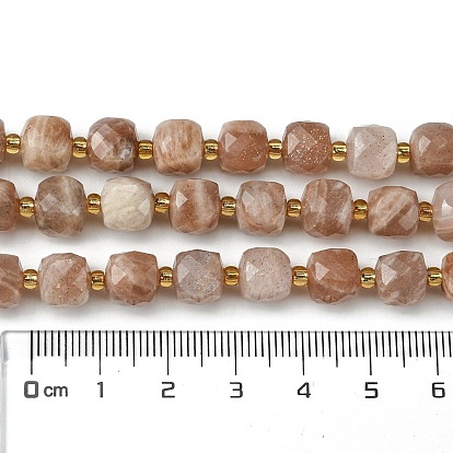 Natural Sunstone Beads Strands, with Seed Beads, Faceted Cube
