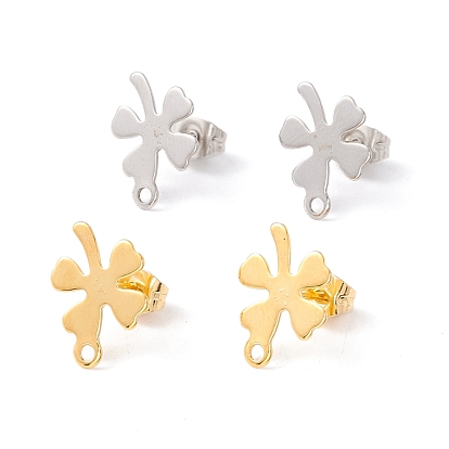 201 Stainless Steel Stud Earring Findings, with 304 Stainless Steel Pins, Horizontal Loops and Ear Nuts, Clover
