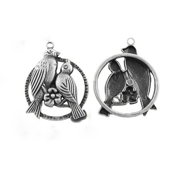 Сплавочные подвески тибетского стиля, плоские круглые с птицей, без кадмия, без никеля и без свинца, 32x28x4 мм, отверстие : 2 мм