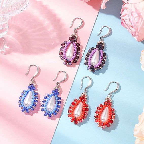 Серьги-подвески из искусственного акрилового жемчуга и стекла, с  латунными крючками для серег, слеза, платина