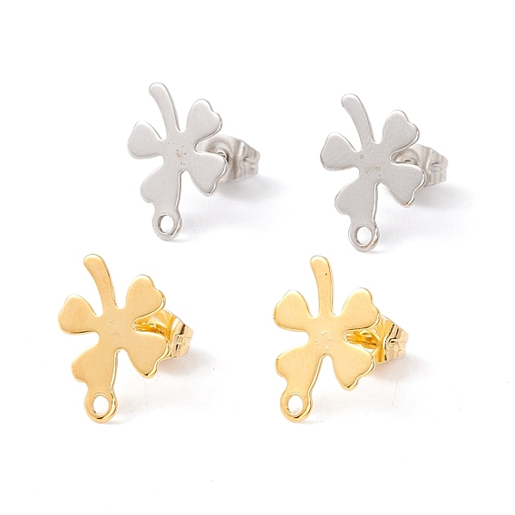 201 Stainless Steel Stud Earring Findings, with 304 Stainless Steel Pins, Horizontal Loops and Ear Nuts, Clover