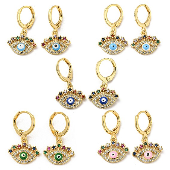 Evil Eye Golden Brass Dangle Leverback Earrings, with Enamel and Cubic Zirconia