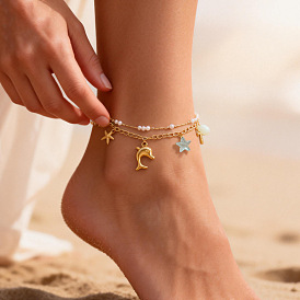 Летний пляж 304 браслеты на лодыжку для женщин из нержавеющей стали и пластика с подвесками в виде дельфина и морской звезды, украшенные жемчугом и драгоценными камнями, двухслойные, белые
