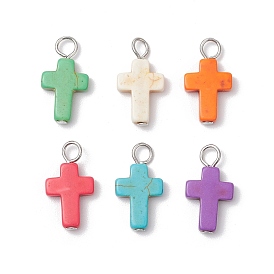 Dyed Synthetic Turquoise Pendants, Cross Charms, with Iron Loops, Platinum