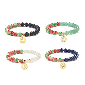 Gemstone & Resin Round Beaded Stretch Bracelet, 304 Stainless Steel Yoga Charm Bracelet for Women