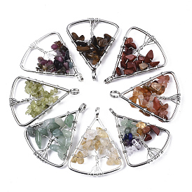 Natural Gemstone Big Pendants, Wire Wrapped Pendants, with Brass Wires, Triangle & Tree