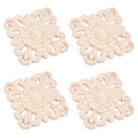Natural Solid Wood Carved Onlay Applique Craft, Unpainted Onlay Furniture Home Decoration, Square with Flower