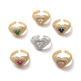 Cubic Zirconia Heart Open Cuff Ring, Ion Plating(IP) Brass Wide Ring for Women