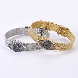 Unisexes 304 bracelets bracelet en acier inoxydable de bracelet, avec breloques coulissantes en laiton à micro-pavé de zircons cubiques, mauvais œil