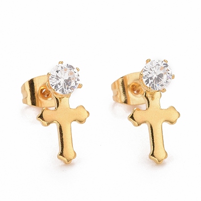 Cross SteelStud Earrings, with 316 Stainless Steel Pin & Glass Imitation Cubic Zirconia