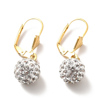 Polymer Clay Cubic Zirconia Ball Dangle Leverback Earrings, Brass Jewelry for Women, Golden