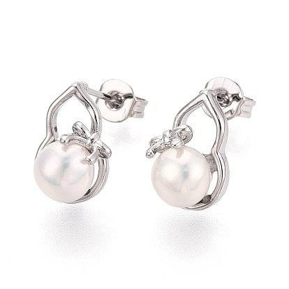 Серьги-гвоздики из латуни и натурального жемчуга, тыква с бантиком