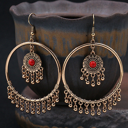 Vintage Gold Bohemian Earrings with Rhinestone Circle and Tassel Pendant