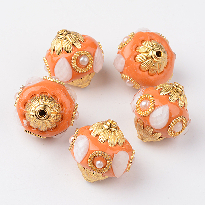Round Handmade Indonesia Beads, with Acrylic and Alloy Cores, Golden, 24~25x22~23mm, Hole: 1.6~2mm