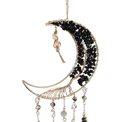 Natural Black Agete Wind Chime, with Glass Beads and Iron Ring, Moon