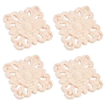 Natural Solid Wood Carved Onlay Applique Craft, Unpainted Onlay Furniture Home Decoration, Square with Flower