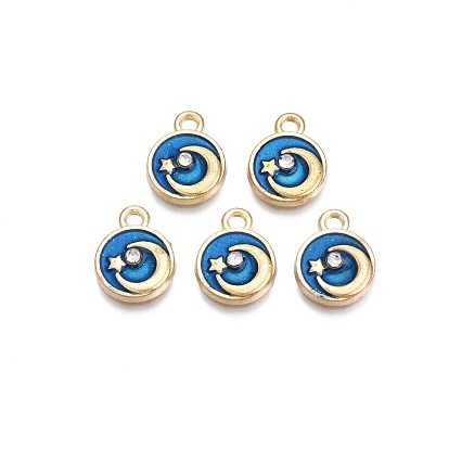 Alloy Enamel Charms, with Crystal Rhinestone with Glitter Powder, Cadmium Free & Lead Free, Flat Round with Moon, Light Gold