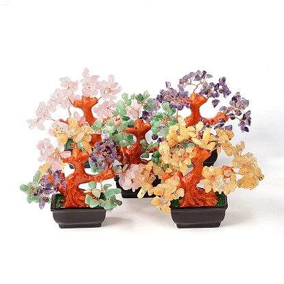 Natural Gemstone Chips Money Tree Bonsai Display Decorations, for Home Office Decor Good Luck