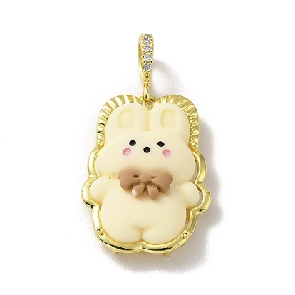 Opaque Resin Pendants, Large Hole Pendant, with Real 18K Gold Plated Brass Findings & Clear Cubic Zirconia, Cadmium Free & Lead Free, Rabbit with Peru Bowknot