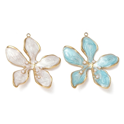 304 Stainless Steel with Enamel Pendants, with ABS Plastic Pearl, Flower Charms, Ion Plating(IP), Real 18K Gold Plated