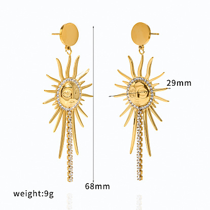 304 acier inoxydable boucles d'oreilles strass Stud Dangle, soleil